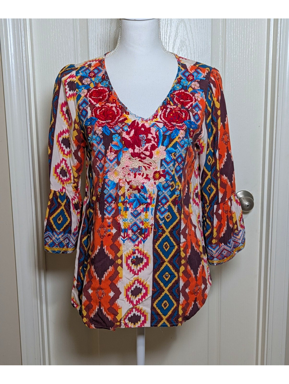 Savannah Jane Boho Embroidered Floral Blouse Mauve/Red Size Medium Peasant